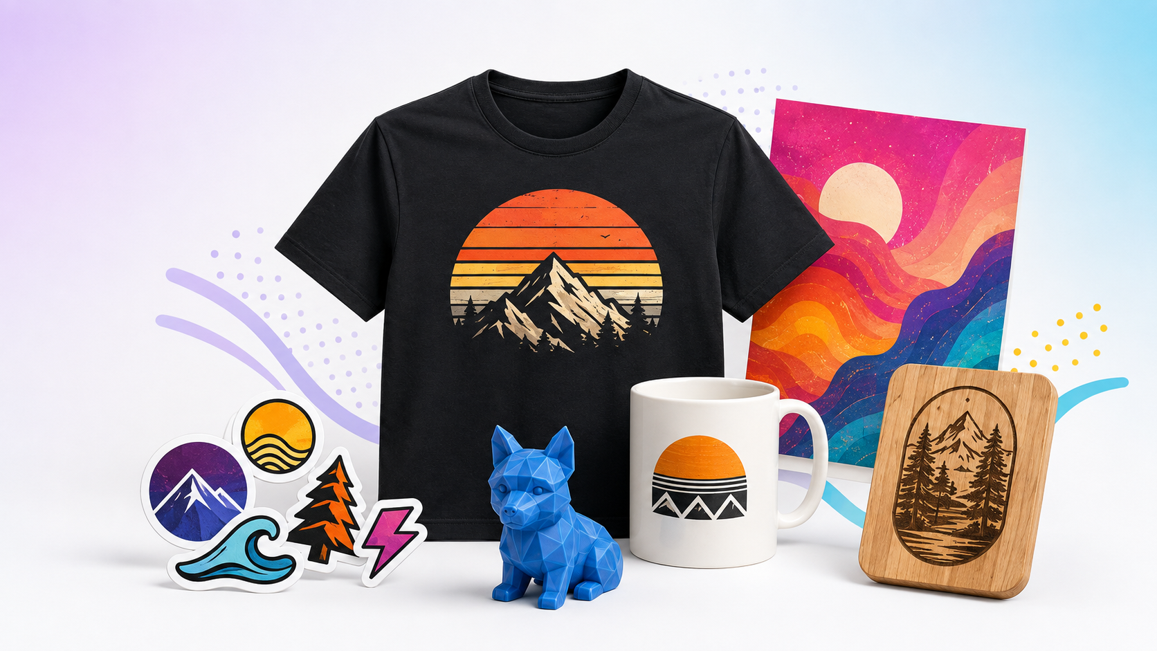 Custom printed T-shirt, poster, stickers, mug, 3D figurine and engraved wood plaque